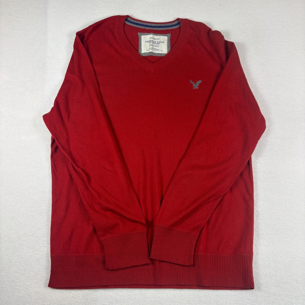 American Eagle Mens Red V-Neck Sweater Vintage Fit XXL Pullover Eagle Logo